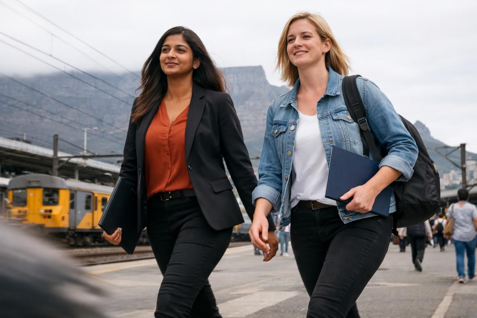 An Indian South African woman and a white South African colleague walk confidently toward an interview near Cape Town train station with Table Mountain in the distance on a bright overcast day.