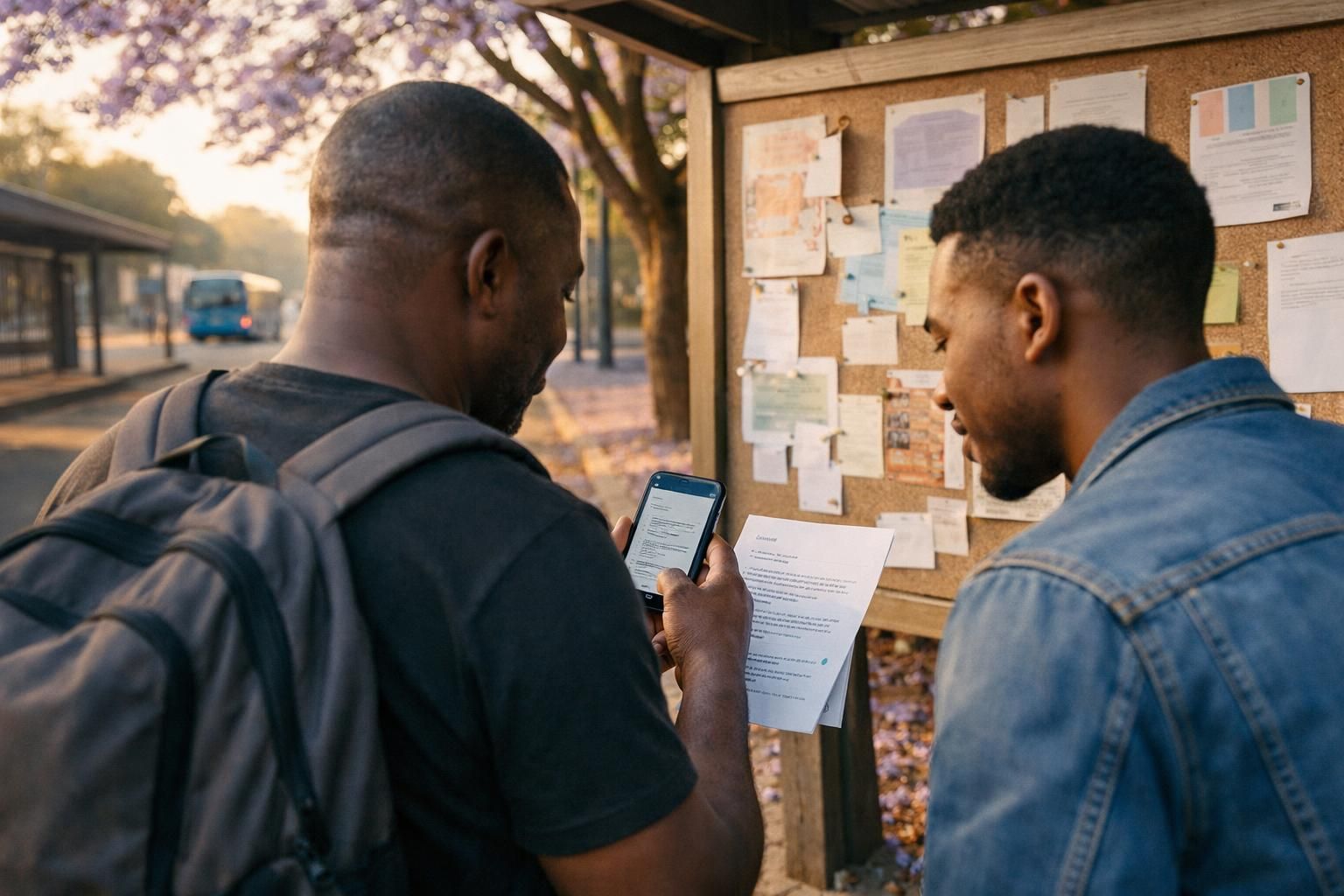 Over-the-shoulder view of a father and younger mentor in Pretoria reviewing a CV on a phone with paper notes near a community centre noticeboard