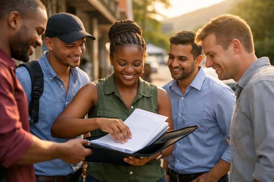 A mixed group of South African job seekers outside a training centre in Mbombela/Nelspruit pack a folder with CV documents before heading to an interview in late afternoon golden light.