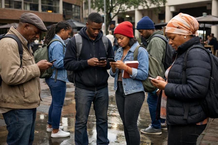 A multigenerational group of South African job seekers in a Braamfontein campus courtyard with backpacks and notebooks, checking job alerts on their phones after rain with pavement reflections.