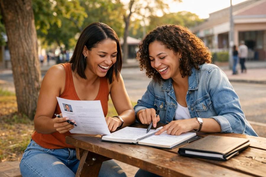Two Coloured South African friends in Kimberley near a training college laugh while comparing interview notes at a picnic bench on a warm summer weekend